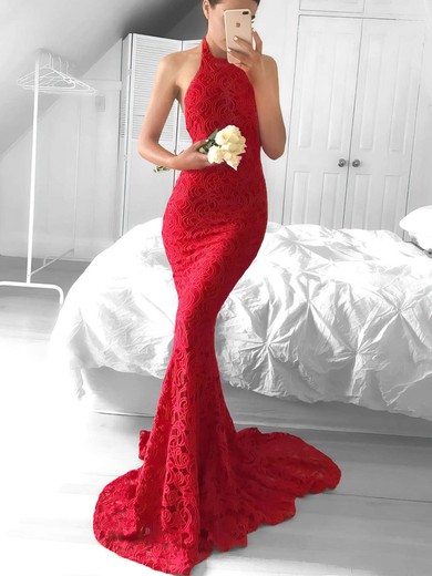 Trumpet/Mermaid Halter Lace Sweep Train Prom Dresses #UKM020104818