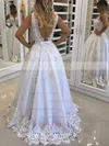 Princess V-neck Tulle Sweep Train Appliques Lace Prom Dresses #UKM020104828