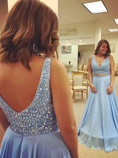 A-line V-neck Chiffon Floor-length Beading Prom Dresses #UKM020104967