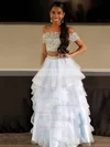 A-line Off-the-shoulder Tulle Floor-length Beading Prom Dresses #UKM020104975
