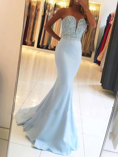 Mermaid Strapless Satin Prom Dresses With Beading #UKM020104979