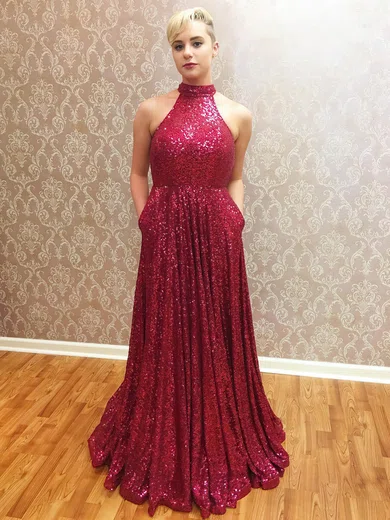 A-line Halter Sequined Floor-length Pockets Prom Dresses #UKM020104982
