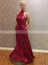 A-line Halter Sequined Floor-length Pockets Prom Dresses #UKM020104982