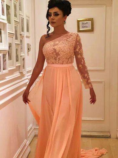 Sheath/Column One Shoulder Chiffon Sweep Train Appliques Lace Prom Dresses #UKM020104983