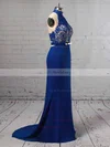 Sheath/Column Halter Jersey Sweep Train Lace Prom Dresses #UKM020104991