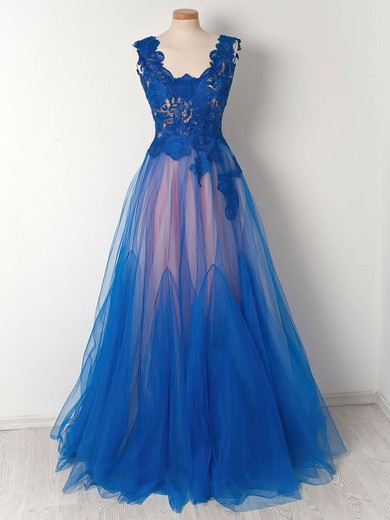 Princess Scalloped Neck Tulle Floor-length Appliques Lace Prom Dresses #UKM020105008