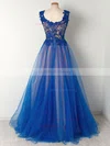 Princess Scalloped Neck Tulle Floor-length Appliques Lace Prom Dresses #UKM020105008
