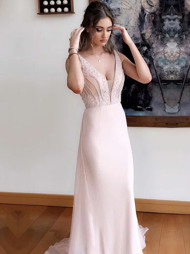 A-line V-neck Chiffon Sweep Train Beading Prom Dresses #UKM020105018