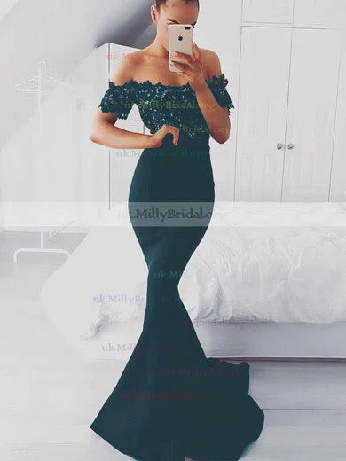 Trumpet Mermaid Off the shoulder Silk like Satin Sweep Train Appliques Lace Prom Dresses MillyBridal