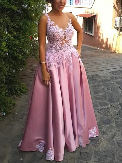 Princess V-neck Satin Sweep Train Appliques Lace Prom Dresses #UKM020105023