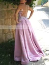 Princess V-neck Satin Sweep Train Appliques Lace Prom Dresses #UKM020105023
