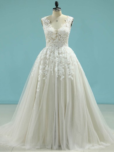 Ball Gown V-neck Tulle Sweep Train Wedding Dresses With Appliques Lace #UKM00023095