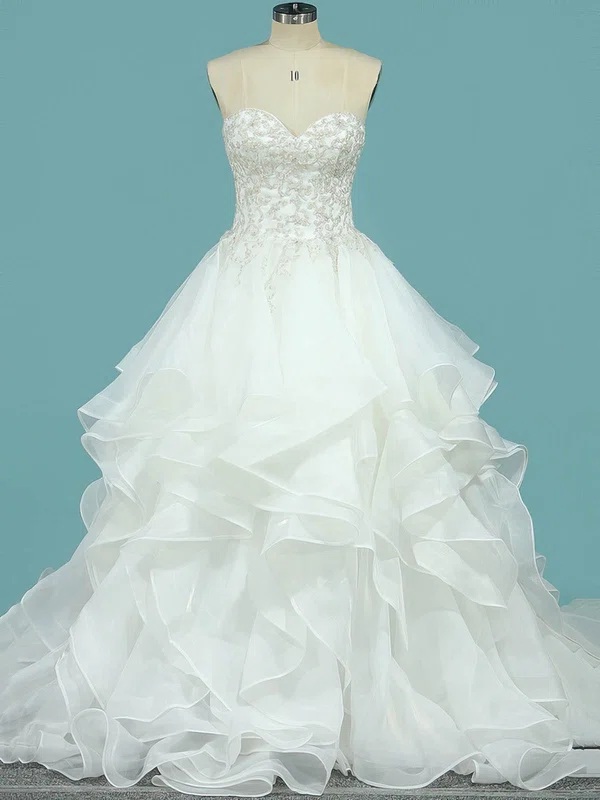 Organza Sweetheart Ball Gown Court Train Appliques Lace Wedding Dresses #UKM00023098