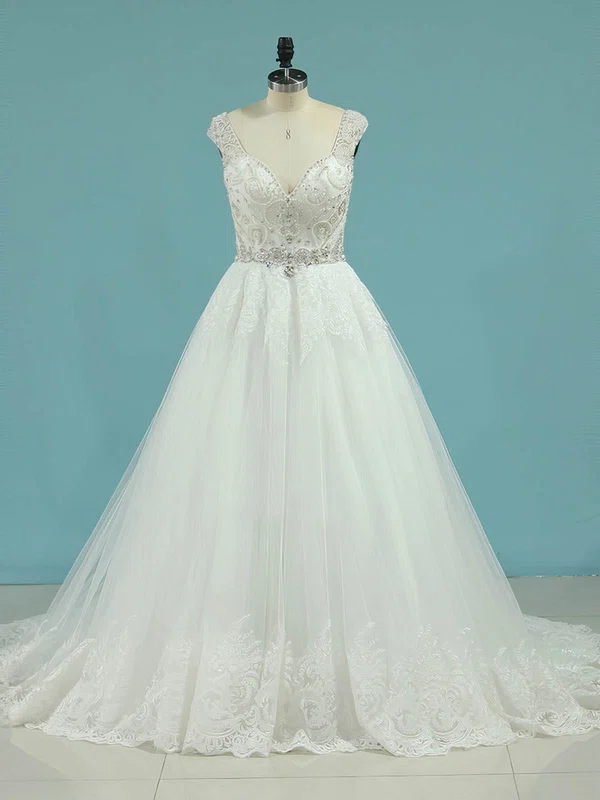 Ball Gown V-neck Tulle Court Train Wedding Dresses With Beading #UKM00023100