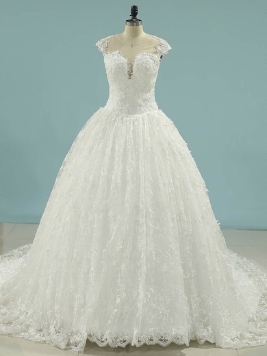 Ball Gown Illusion Lace Tulle Chapel Train Wedding Dresses With Appliques Lace #UKM00023101