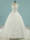 Lace Tulle Scoop Neck Ball Gown Chapel Train Appliques Lace Wedding Dresses #UKM00023101