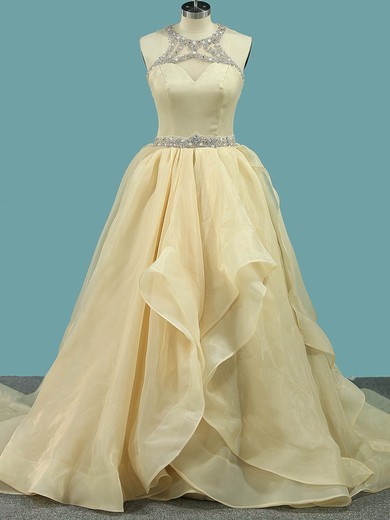 Ball Gown Scoop Neck Organza Sweep Train Wedding Dresses With Beading #UKM00023103