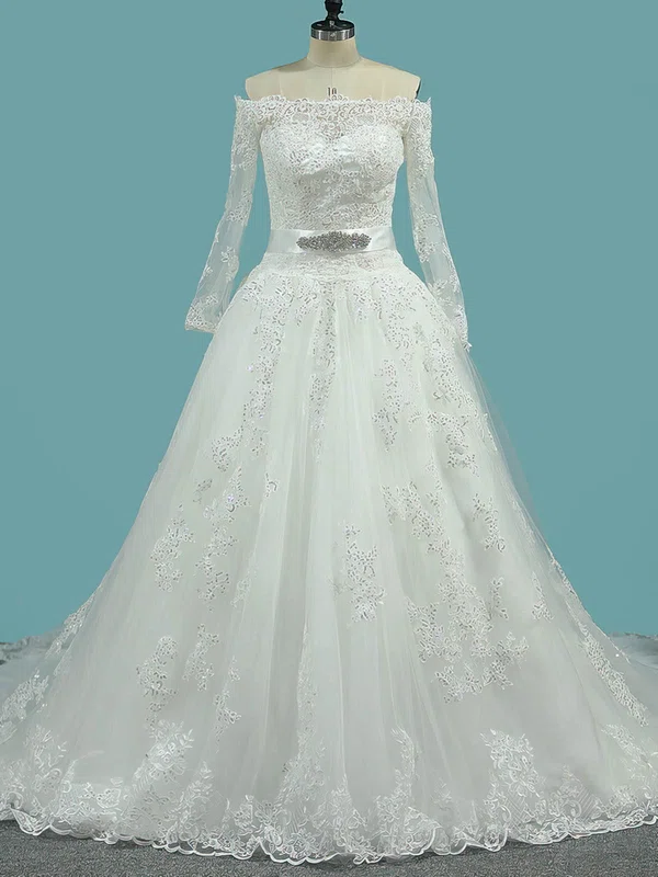 Ball Gown Off-the-shoulder Tulle Court Train Wedding Dresses With Appliques Lace #UKM00023104