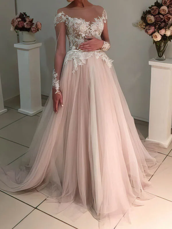 Ball Gown/Princess Illusion Tulle Sweep Train Wedding Dresses With Appliques Lace #UKM00023105