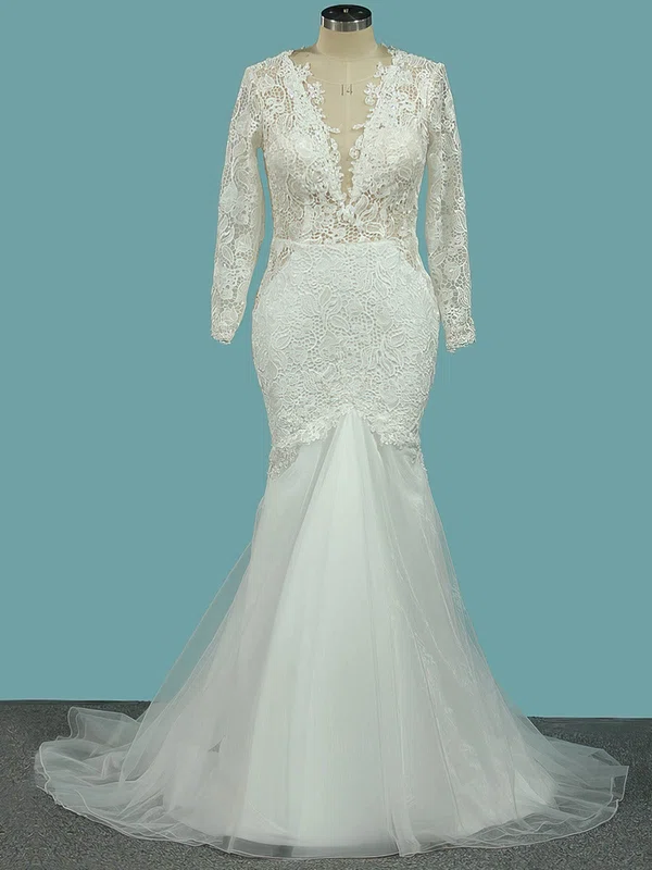 Trumpet/Mermaid Illusion Lace Tulle Sweep Train Wedding Dresses With Appliques Lace #UKM00023106