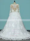Tulle Scoop Neck Ball Gown Sweep Train Beading Wedding Dresses #UKM00023107