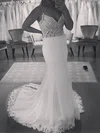 Trumpet/Mermaid V-neck Tulle Sweep Train Wedding Dresses With Appliques Lace #UKM00023109