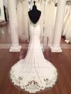 Satin Tulle V-neck Trumpet/Mermaid Sweep Train Appliques Lace Wedding Dresses #UKM00023109
