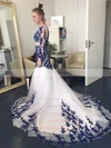 Tulle V-neck Trumpet/Mermaid Court Train Appliques Lace Wedding Dresses #UKM00023113