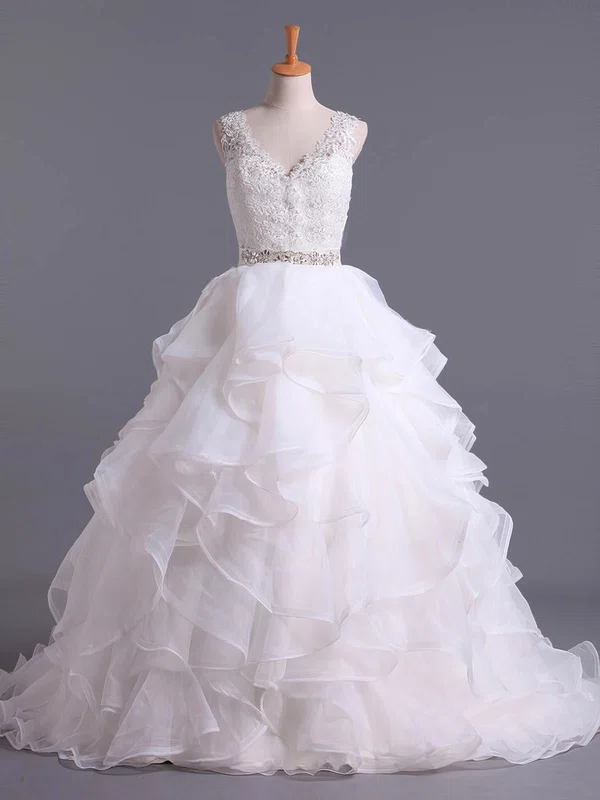 Organza V-neck Ball Gown Court Train Lace Wedding Dresses #UKM00023115
