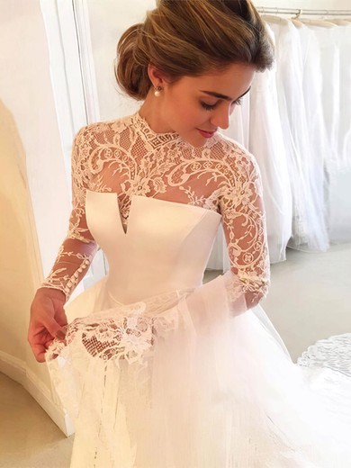 Lace Satin High Neck Princess Court Train Lace Wedding Dresses #UKM00023116