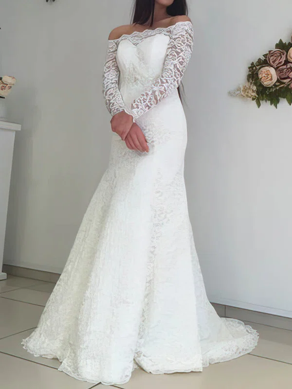 Trumpet/Mermaid Off-the-shoulder Lace Sweep Train Wedding Dresses #UKM00023117