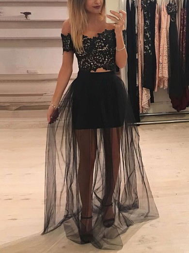 A-line Off-the-shoulder Tulle Floor-length Appliques Lace Prom Dresses #UKM020105160