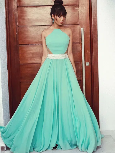 A-line Scoop Neck Chiffon Floor-length Beading Prom Dresses #UKM020105162