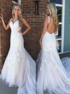 Trumpet/Mermaid V-neck Tulle Sweep Train Appliques Lace Prom Dresses #UKM020105177