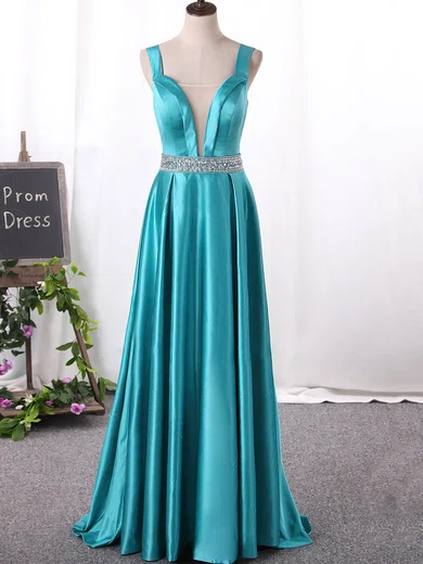 A-line V-neck Floor-length Satin Prom Dresses With Beading #UKM020105182