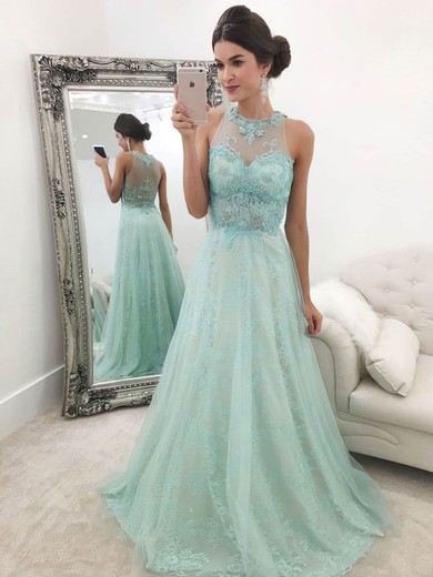 A-line Scoop Neck Lace Tulle Floor-length Beading Prom Dresses #UKM020105183
