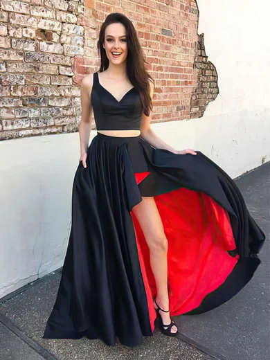 A-line V-neck Satin Floor-length Pockets Prom Dresses #UKM020105189