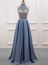 A-line High Neck Lace Satin Floor-length Prom Dresses #UKM020105191