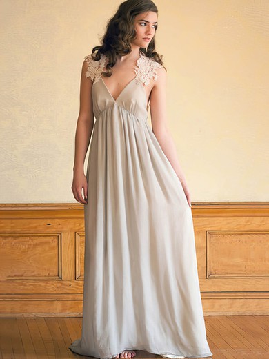 Empire V-neck Chiffon Floor-length Lace Prom Dresses #UKM020105200