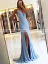 Trumpet/Mermaid V-neck Silk-like Satin Sweep Train Split Front Prom Dresses #UKM020105205