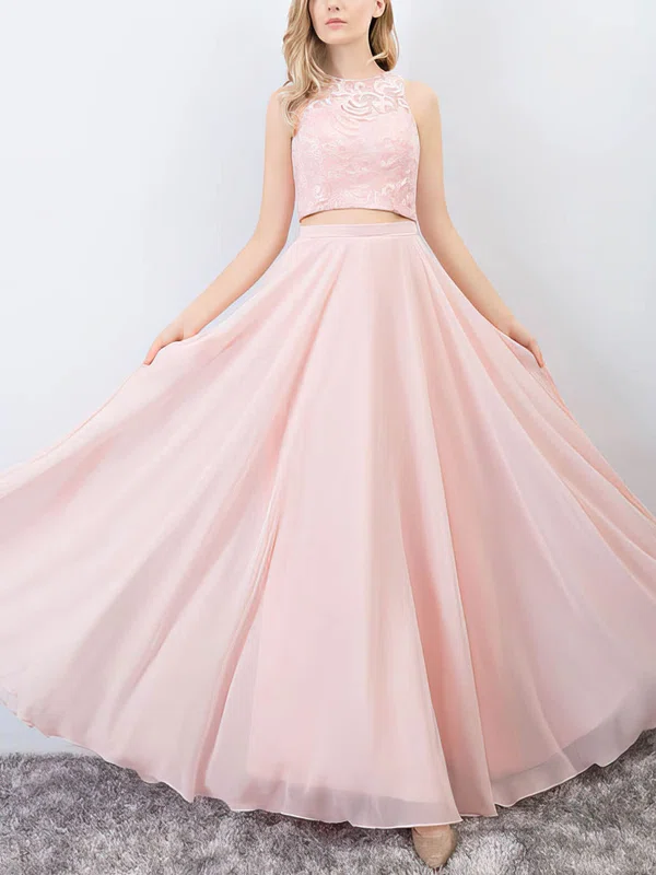 A-line Scoop Neck Lace Chiffon Floor-length Pockets Prom Dresses #UKM020105223