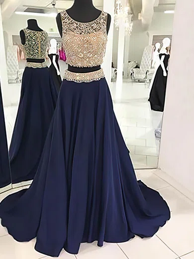 Ball Gown Illusion Satin Tulle Two Piece Prom Dresses With Beading #UKM020105228