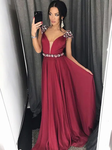 A-line V-neck Chiffon Sweep Train Beading Prom Dresses #UKM020105239