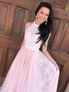 A-line High Neck Lace Chiffon Floor-length Beading Prom Dresses #UKM020105241