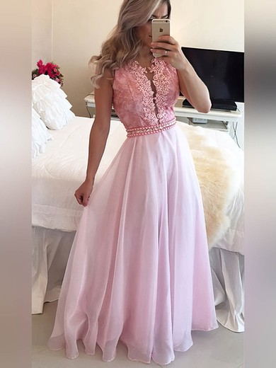 A-line Scoop Neck Chiffon Floor-length Appliques Lace Prom Dresses #UKM020105247