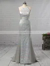 Trumpet/Mermaid Scoop Neck Silk-like Satin Sweep Train Lace Prom Dresses #UKM020105251
