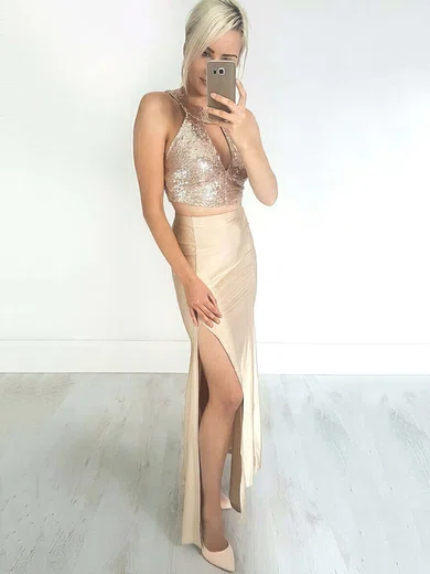 Sheath/Column Scoop Neck Sequined Jersey Ankle-length Split Front Prom Dresses #UKM020105256