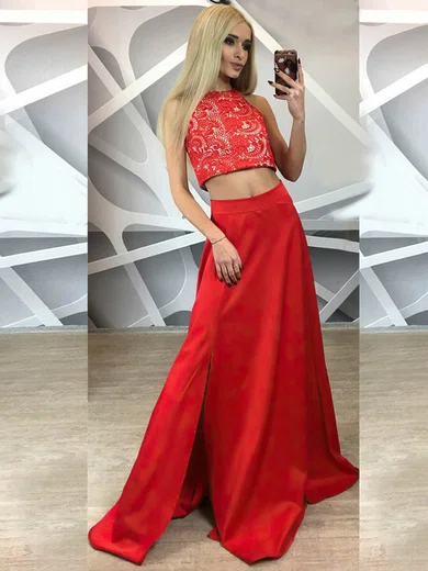 A-line Scoop Neck Lace Satin Floor-length Split Front Prom Dresses #UKM020105258