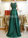 A-line Scoop Neck Lace Satin Asymmetrical Pockets Prom Dresses #UKM020105260