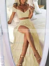 A-line Off-the-shoulder Silk-like Satin Floor-length Split Front Prom Dresses #UKM020105268